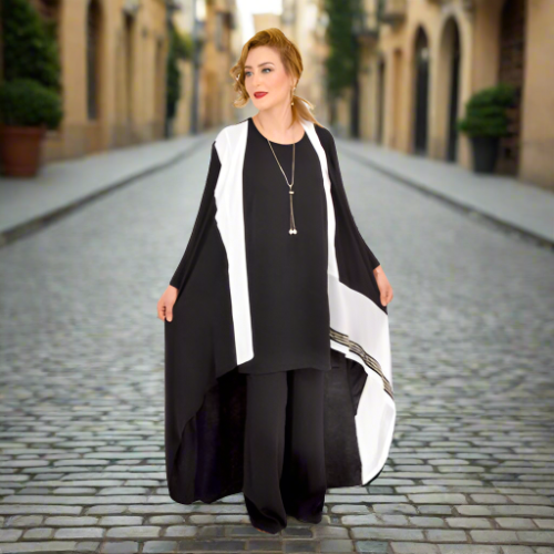 Black And White Edges Abaya Set With Necklace