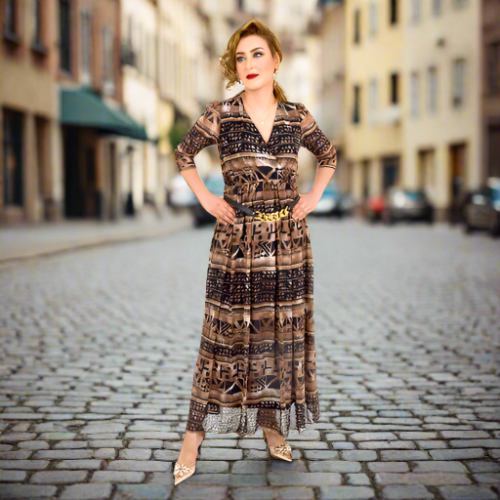 Brown & Black Print Maxi Dress With Gold Belt