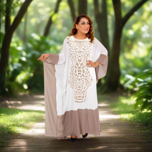 Patterned Abaya White And Beige