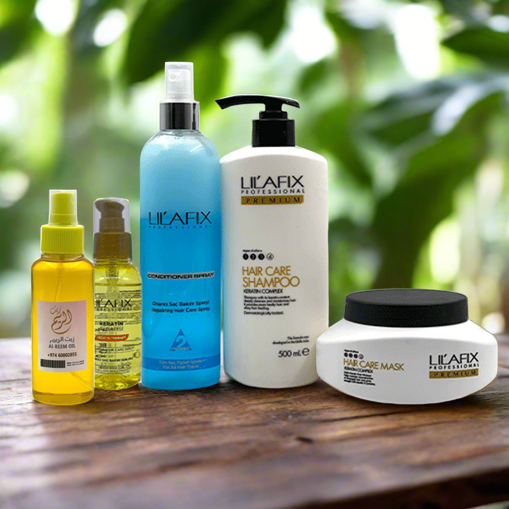 LilaFIX Blue Pack Of 5 (Shampoo + Aqua Blue Spray Conditioner + Mask + Keratin Serum + Al Reem Oil)