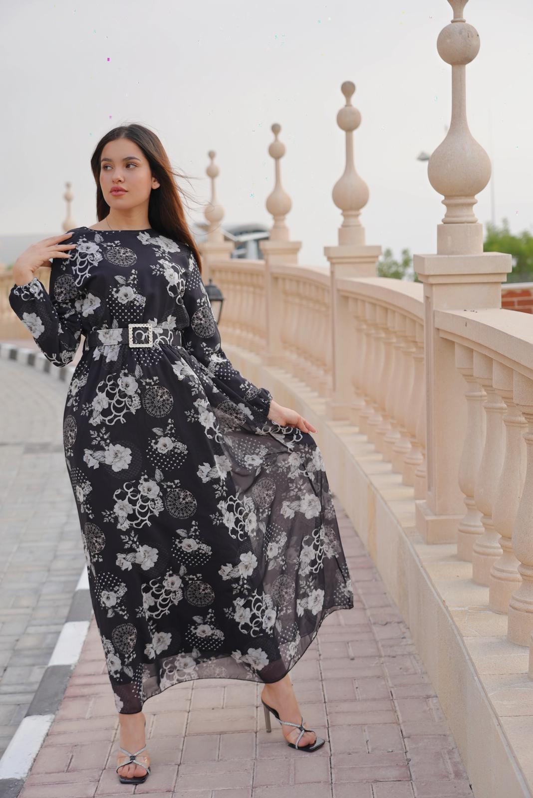 Epitome Black with White Floral Print Maxi Dress - Black/White