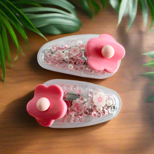 Transparent PVC Hair Clip Decorated with a Rose and Glitter inside (2 pieces)