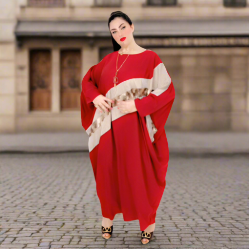 عباية باللون الأحمر مع خط من الوسط باللون البيج