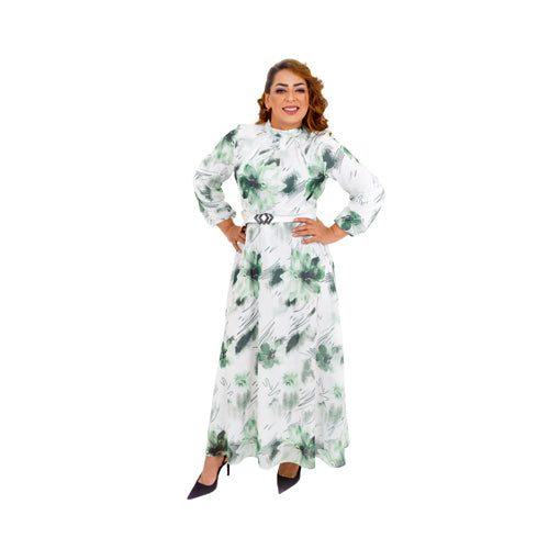 White With Green Floral Print Maxi Self Belted Dress