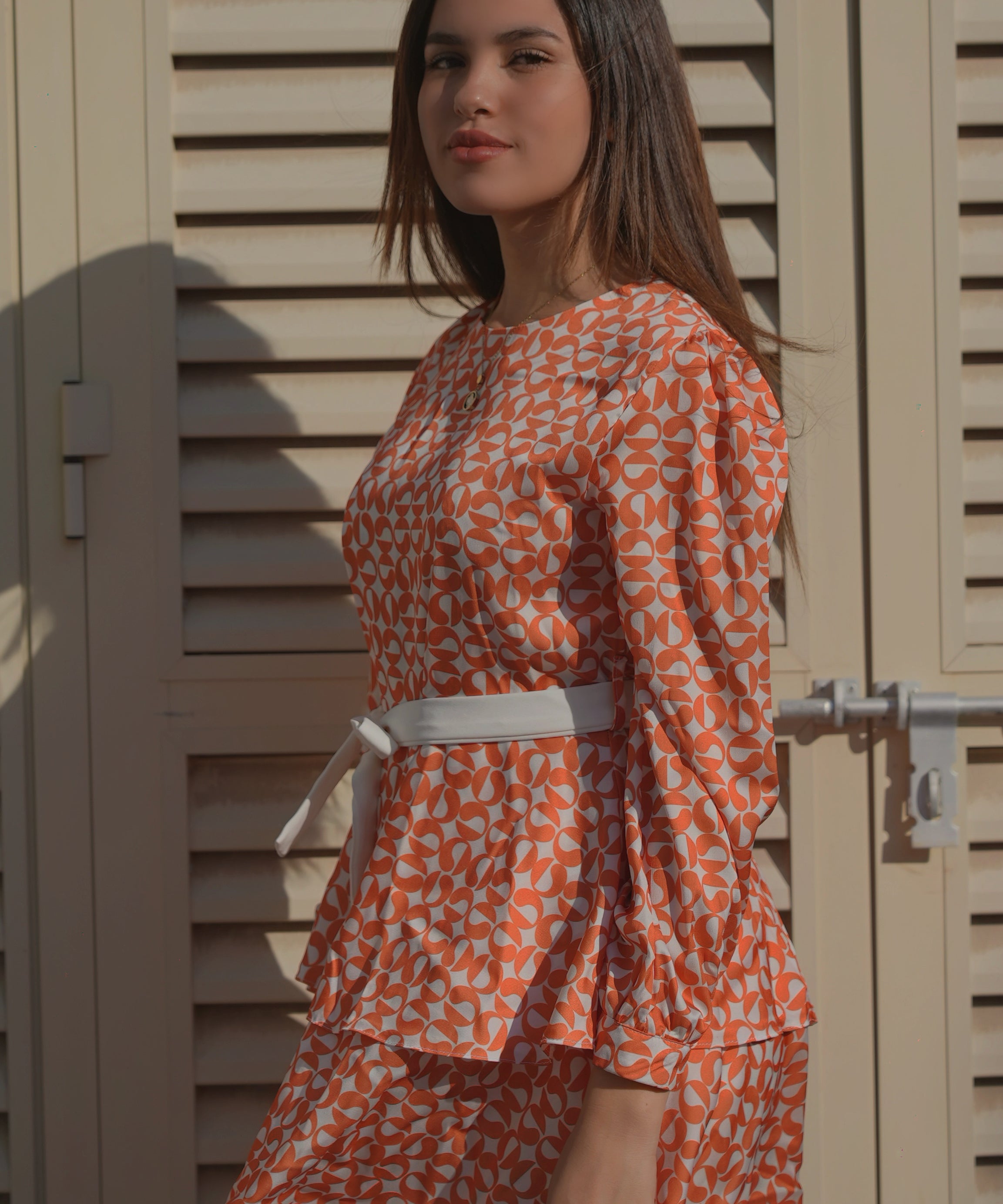 Orange & White Patterned Long Sleeve Blouse set