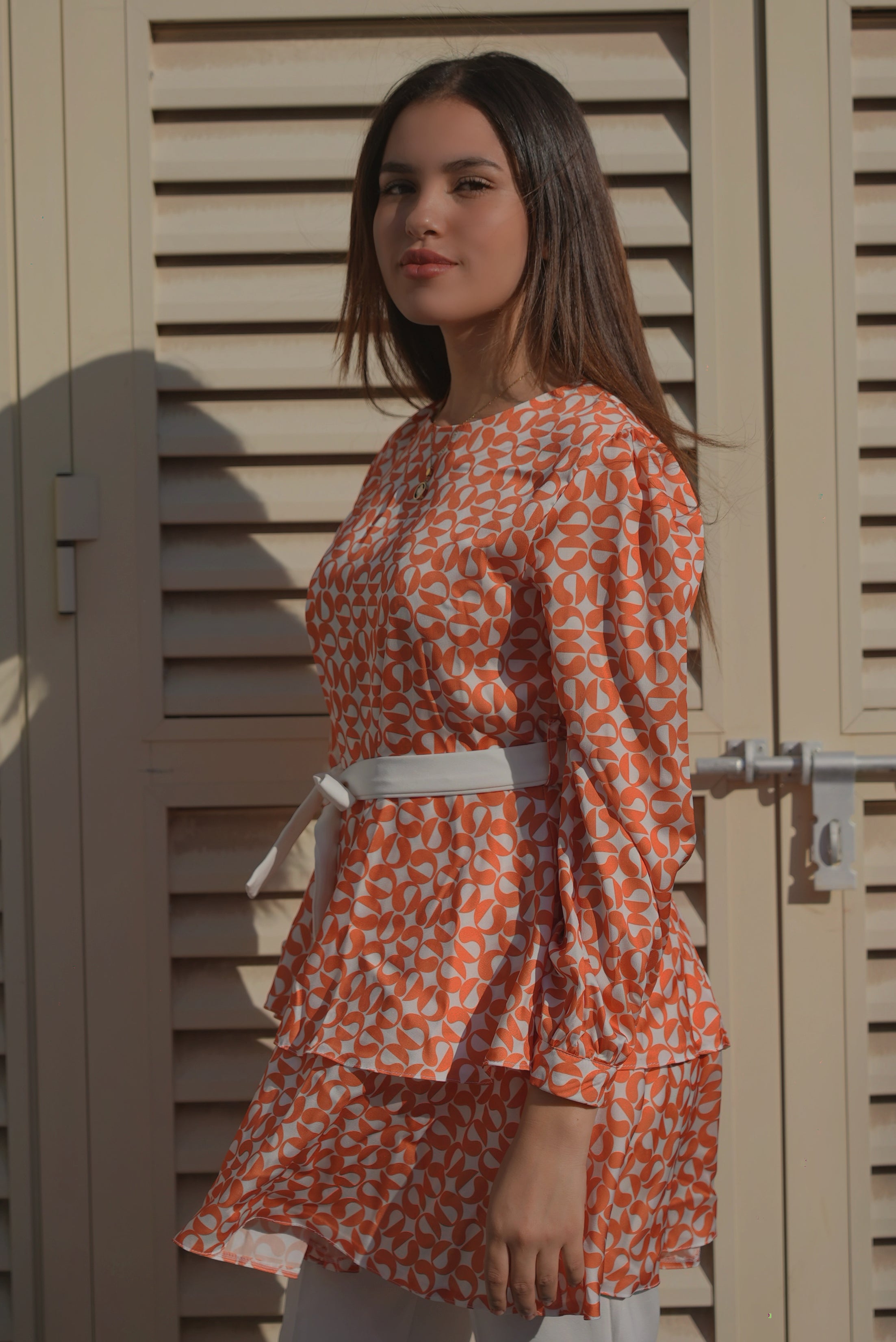 Orange & White Patterned Long Sleeve Blouse set