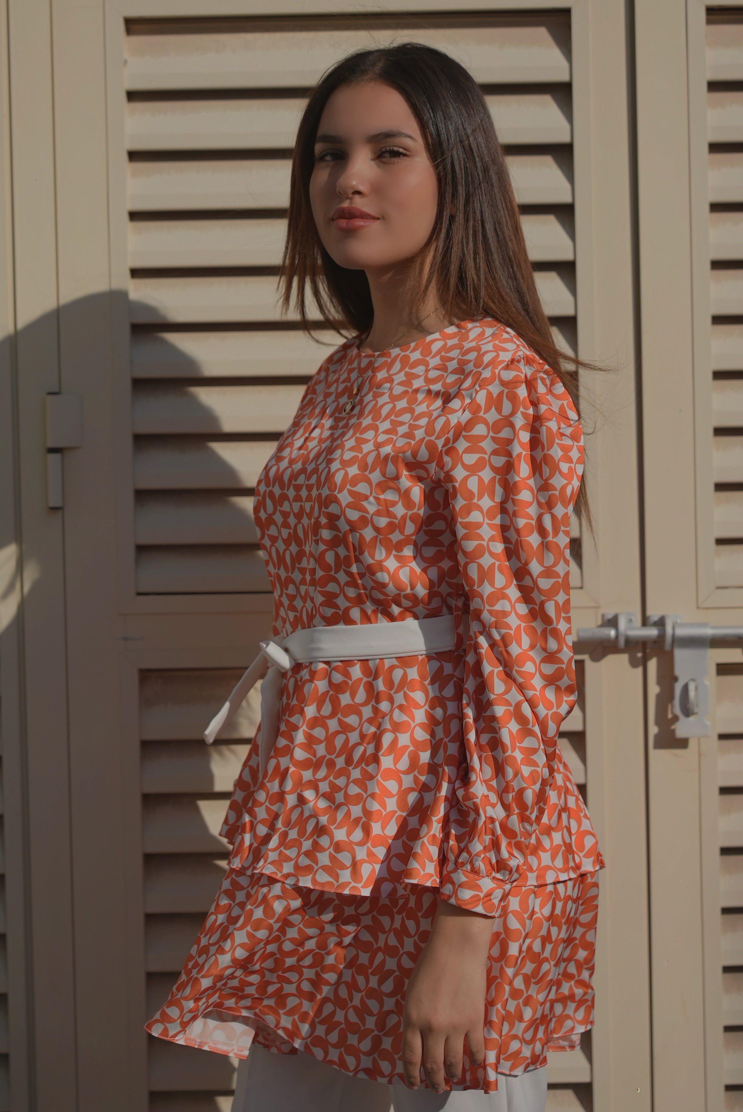 Orange & White Patterned Long Sleeve Blouse set