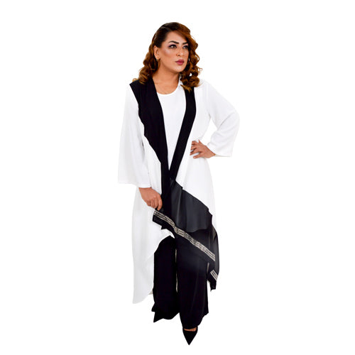 White And Black Edges Abaya Set With Necklace