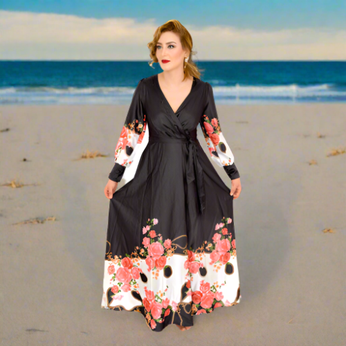Belted Long Sleeve Floral Print Dress