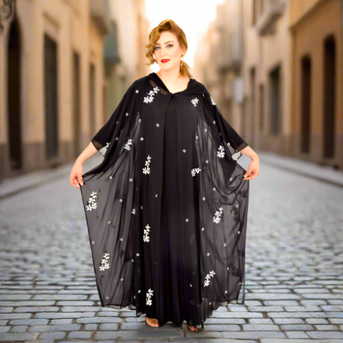 Black Abaya / White Printed Design