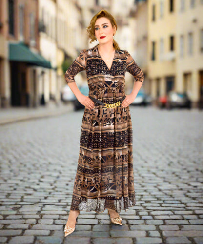 Brown & Black Print Maxi Dress With Gold Belt Brown & Black Print Maxi Dress With Gold Belt