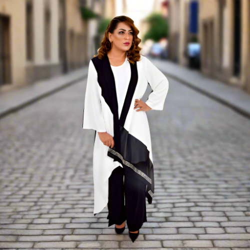 White And Black Edges Abaya Set With Necklace