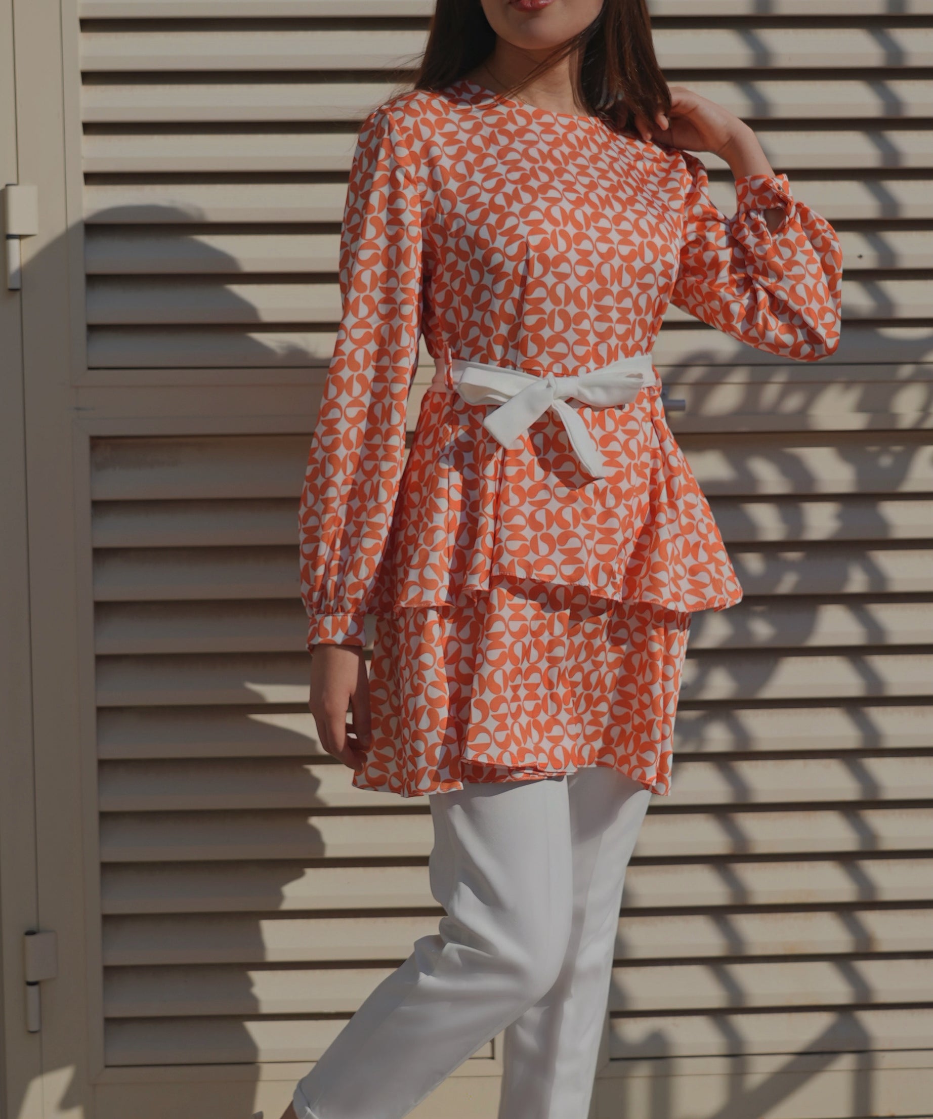 Orange & White Patterned Long Sleeve Blouse set
