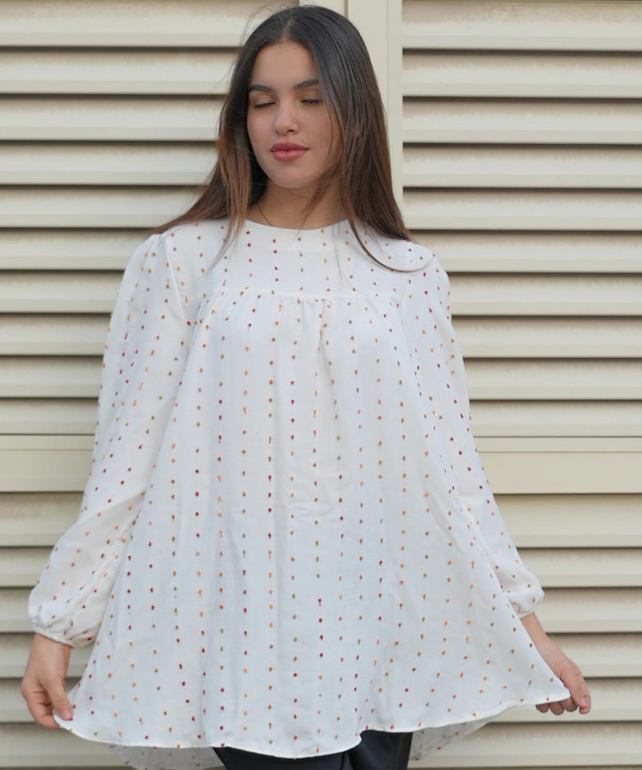 Polka-Dotted White Long Puff Sleeve Blouse And Black Pants