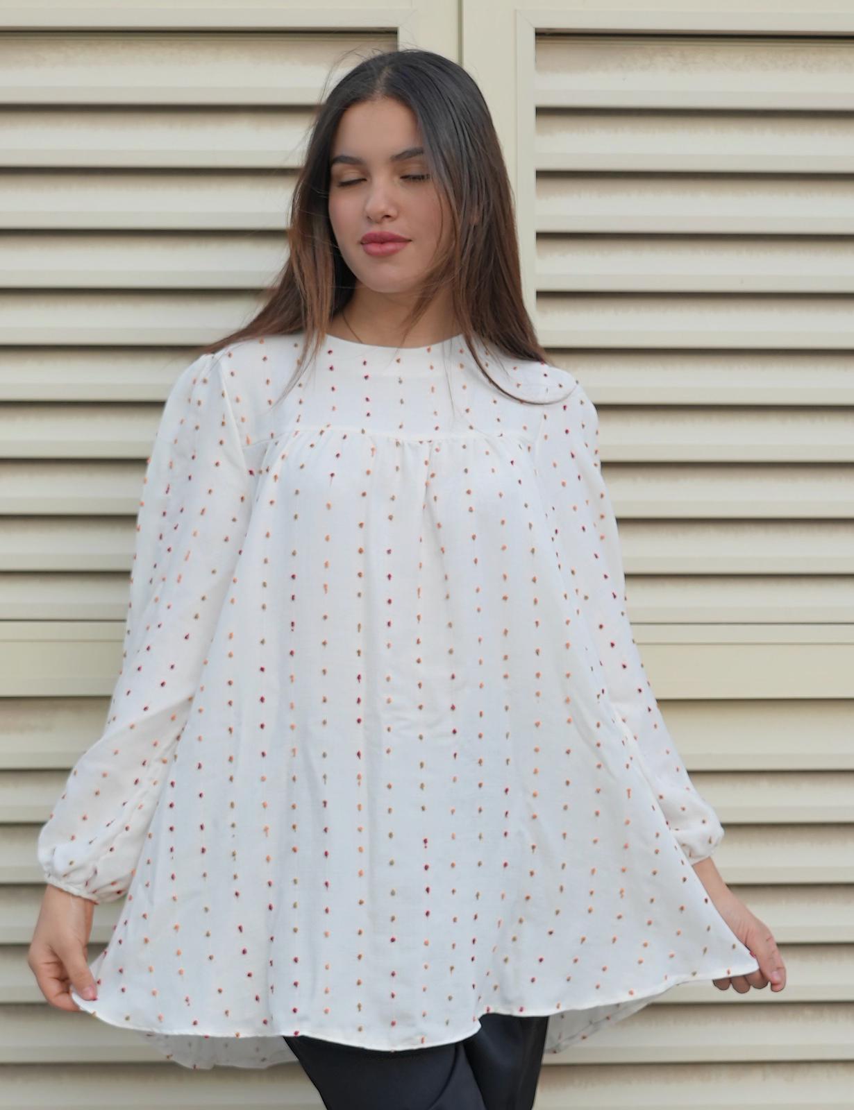 Polka-Dotted White Long Puff Sleeve Blouse And Black Pants