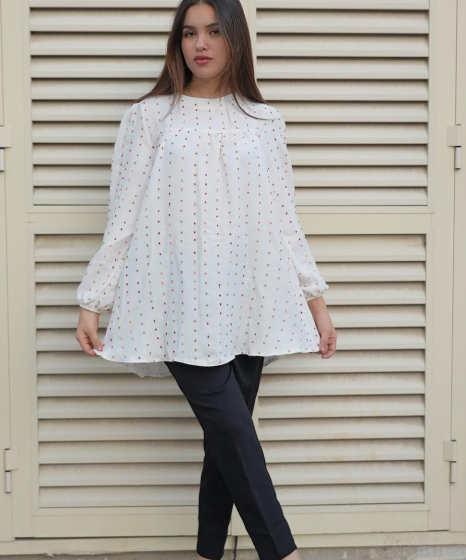Polka-Dotted White Long Puff Sleeve Blouse And Black Pants