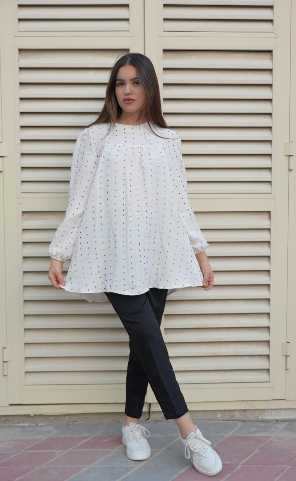 Polka-Dotted White Long Puff Sleeve Blouse And Black Pants
