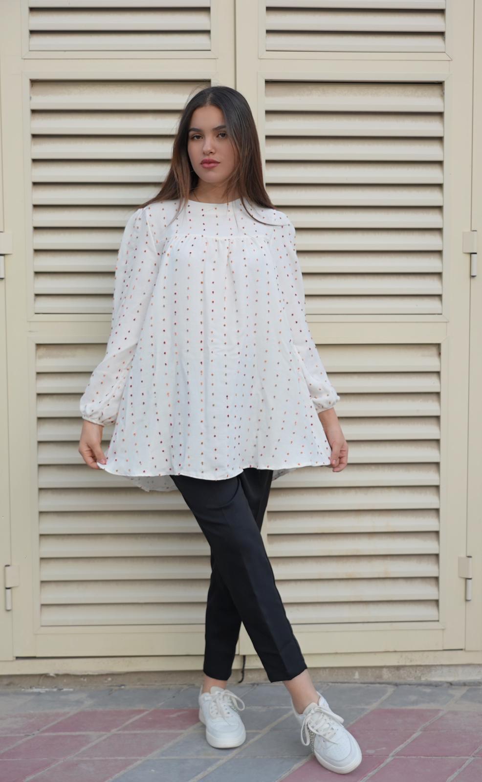 Polka-Dotted White Long Puff Sleeve Blouse And Black Pants