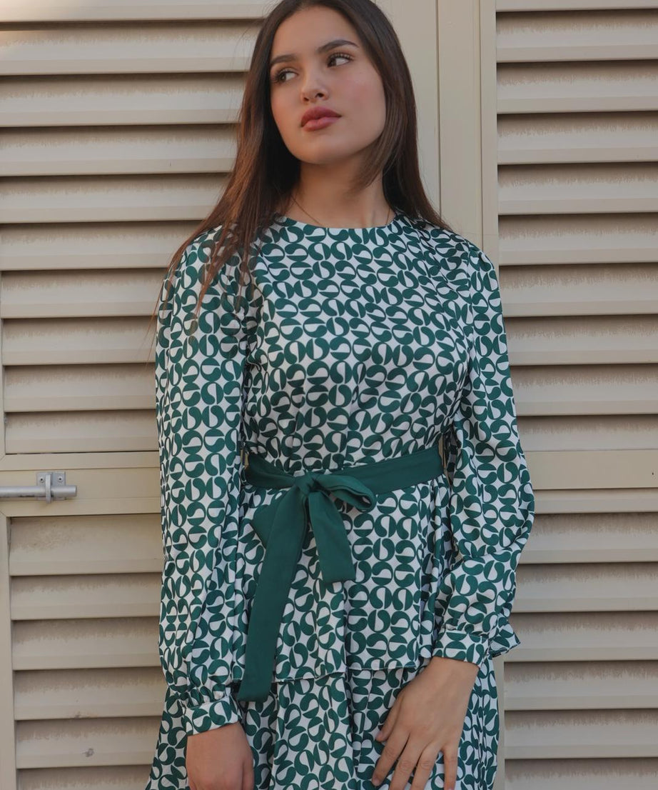 Green & White Patterned Long Sleeve Blouse set