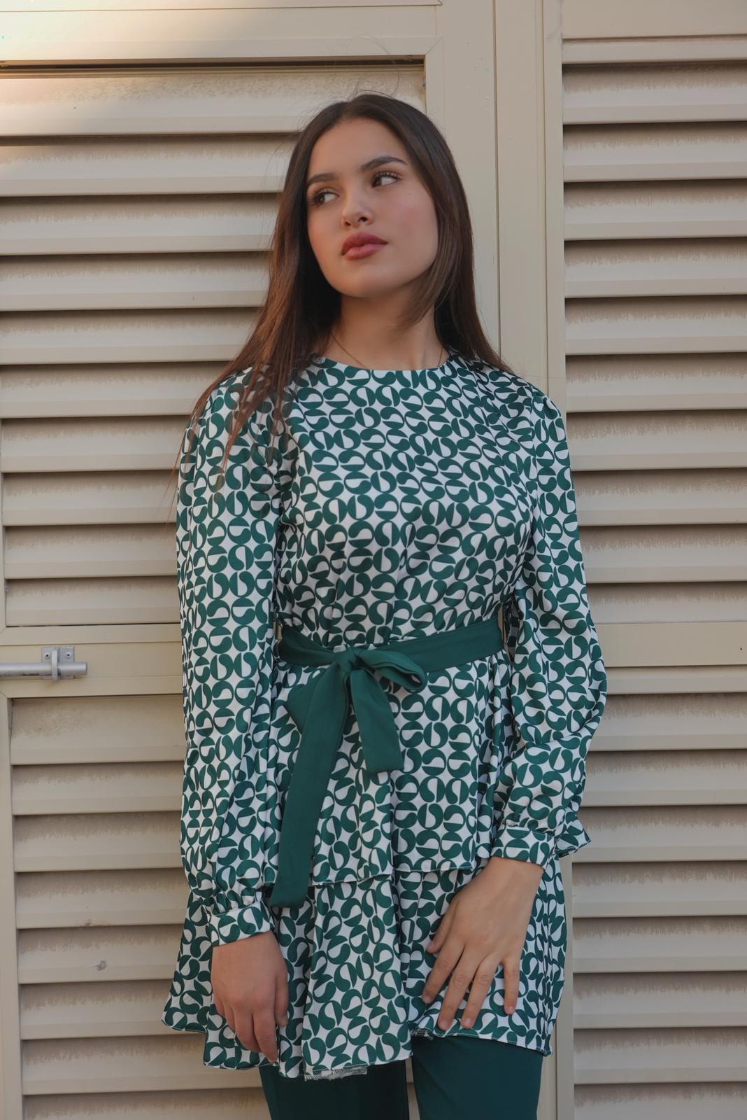 Green & White Patterned Long Sleeve Blouse set