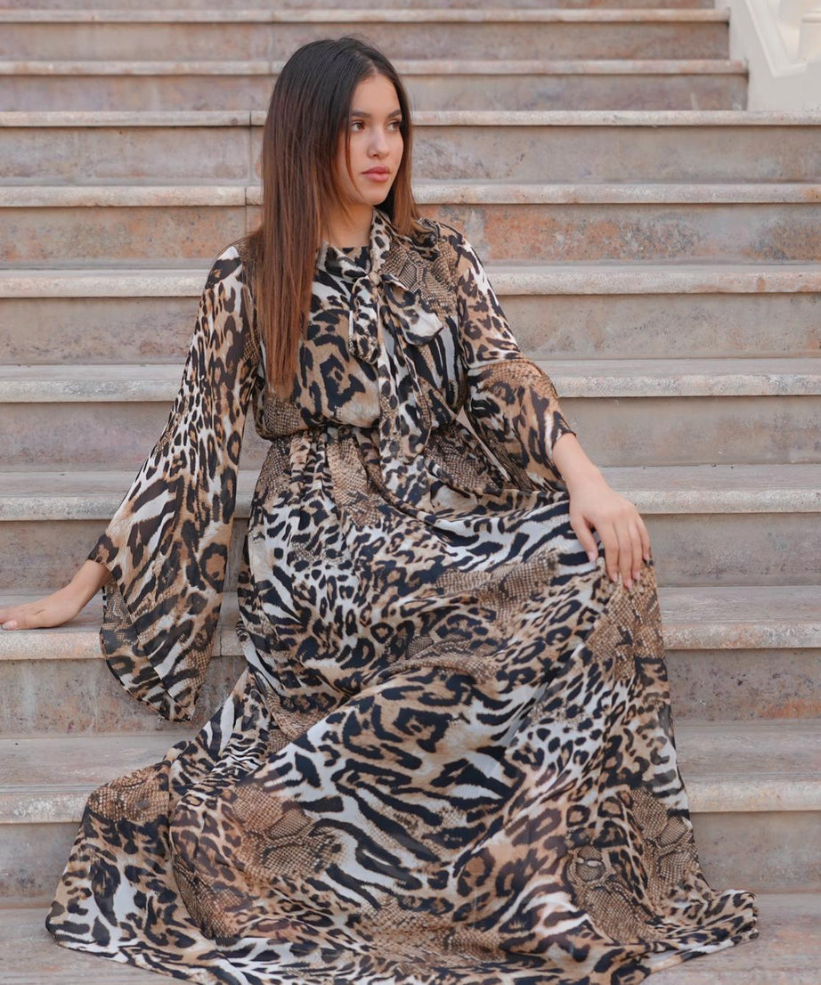 Tiger Print Tie Neck Dress