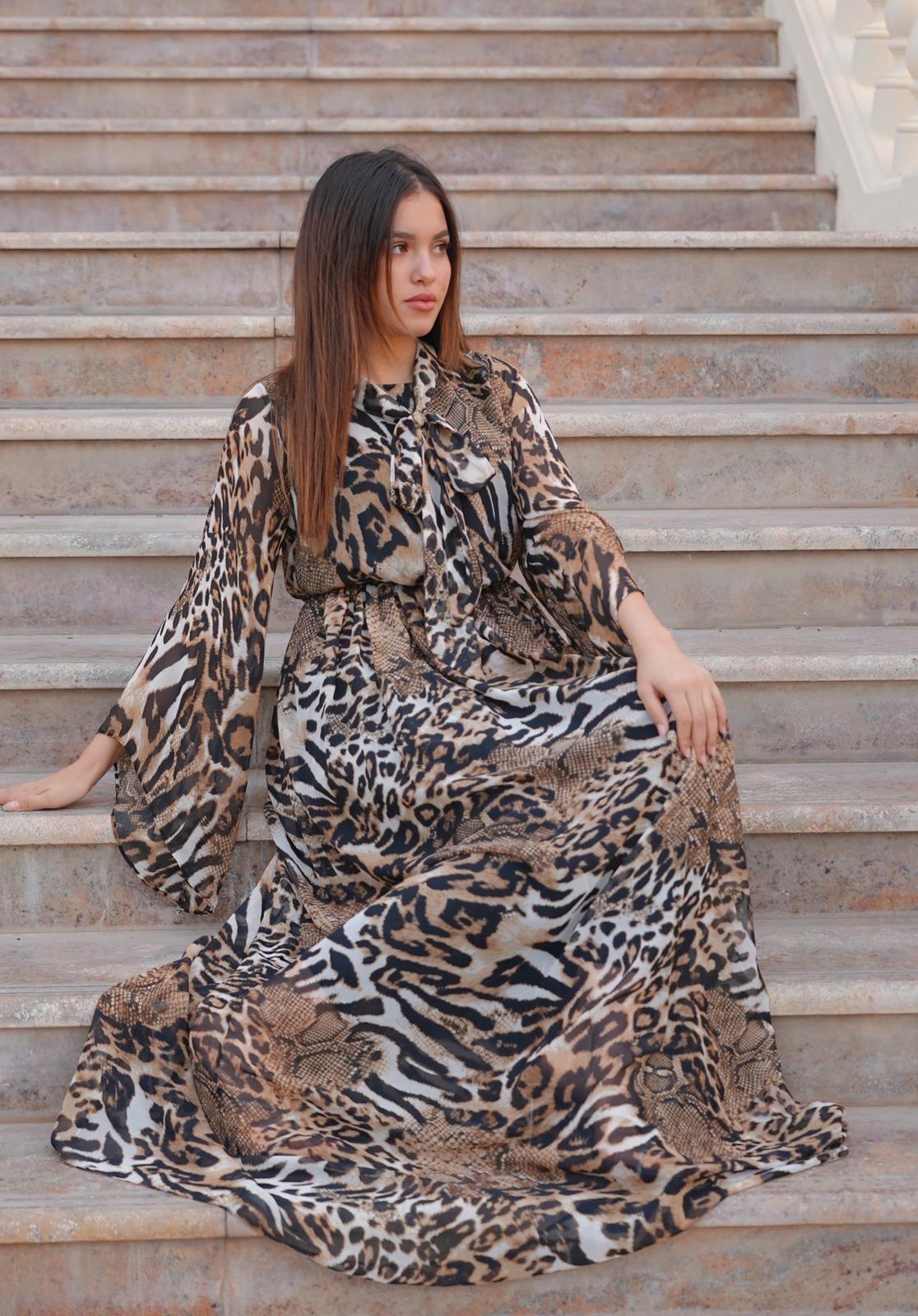 Tiger Print Tie Neck Dress