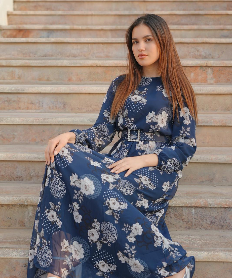 Epitome Blue with White Floral Print Maxi Dress - Blue/White