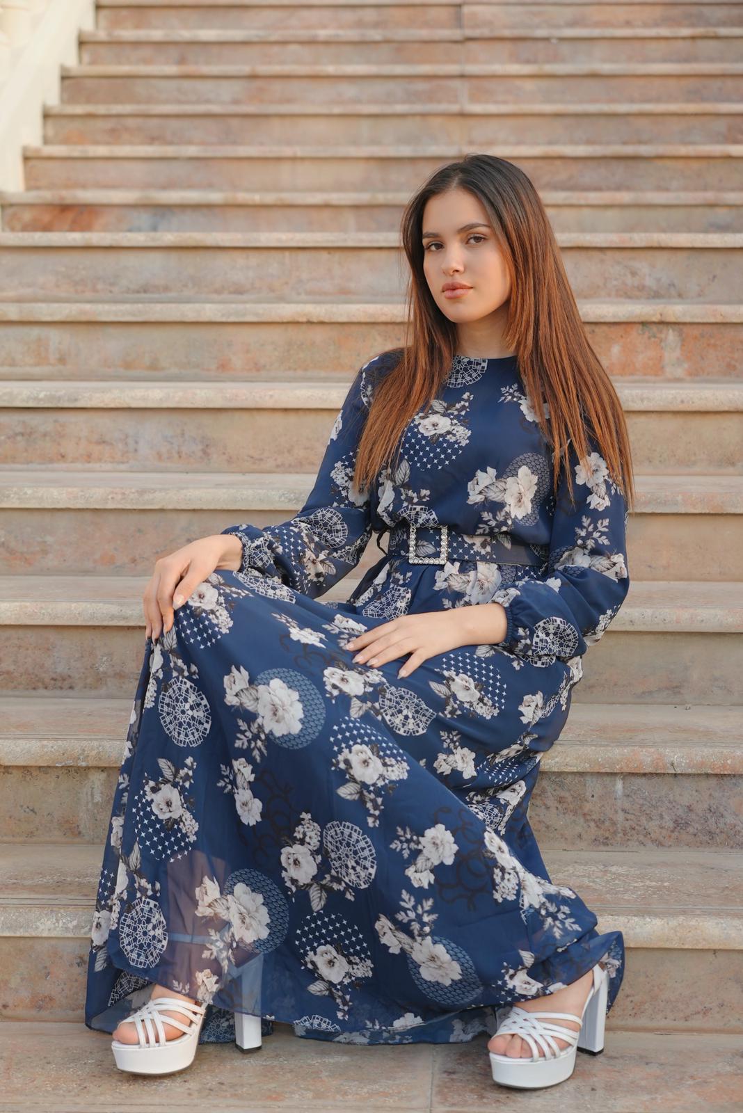 Epitome Blue with White Floral Print Maxi Dress - Blue/White