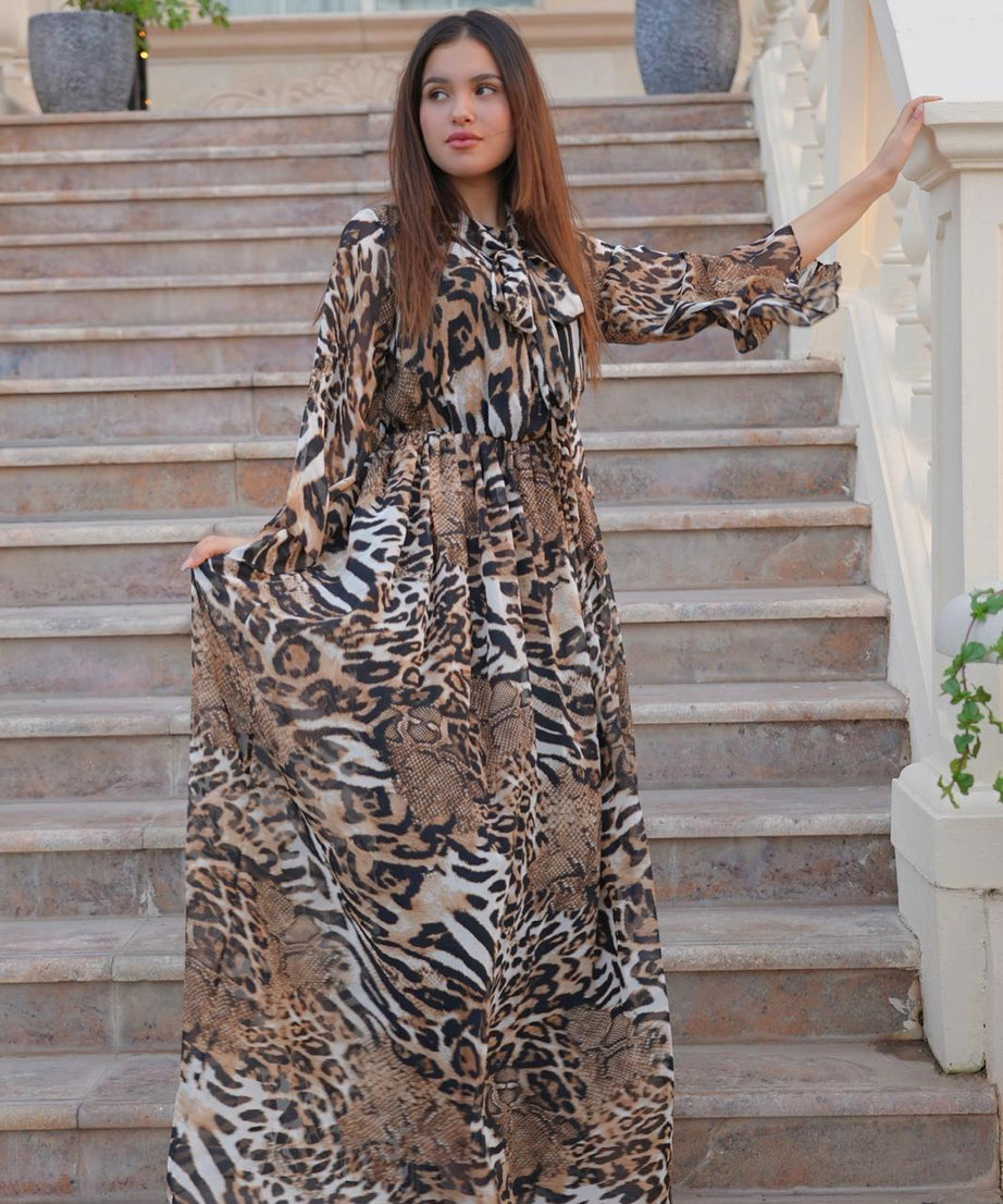 Tiger Print Tie Neck Dress Tiger Print Tie Neck Dress