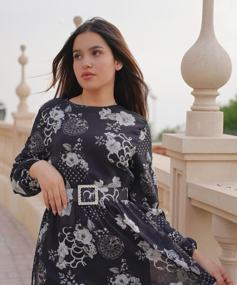 Epitome Black with White Floral Print Maxi Dress - Black/White