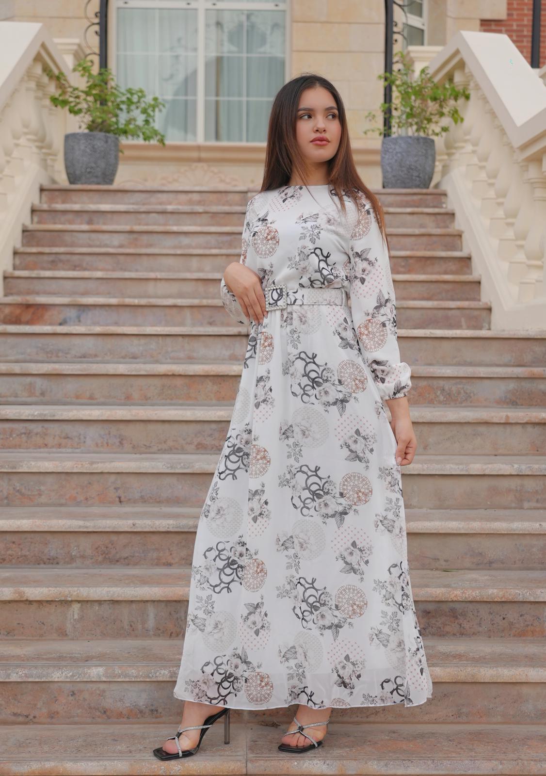 White Maxi Dress With Black Floral Print