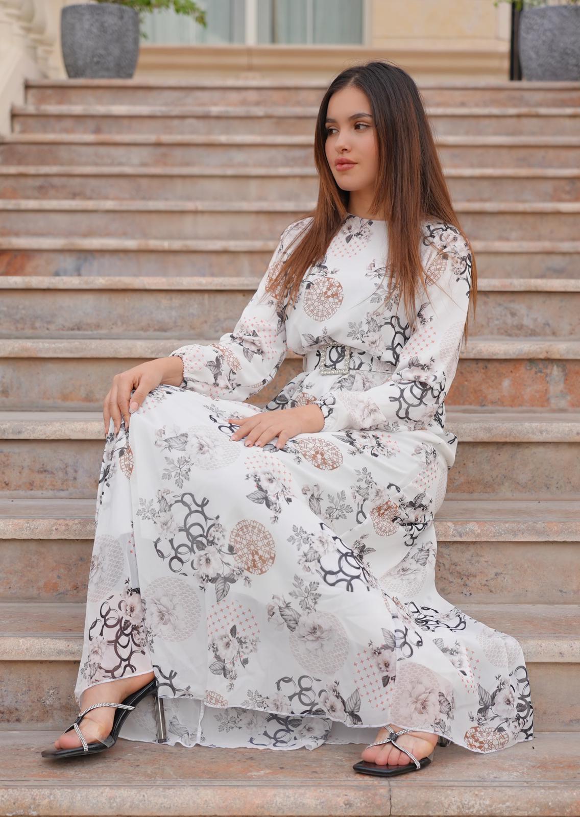 White Maxi Dress With Black Floral Print