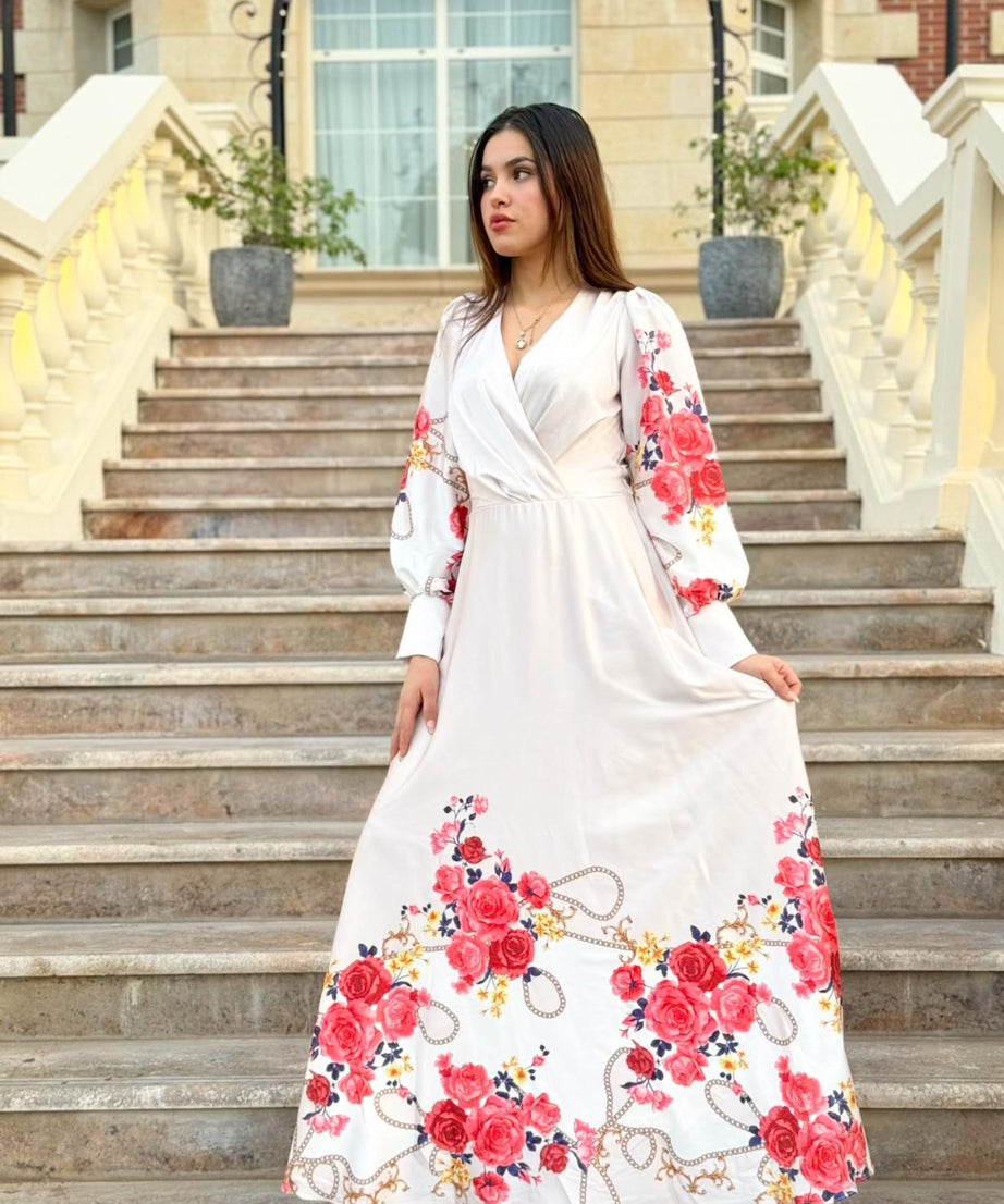 Belted White Long Sleeve Floral Print Dress