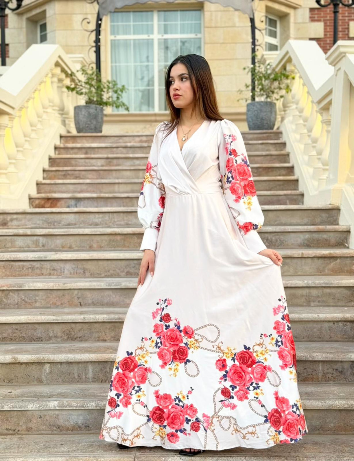 Belted White Long Sleeve Floral Print Dress