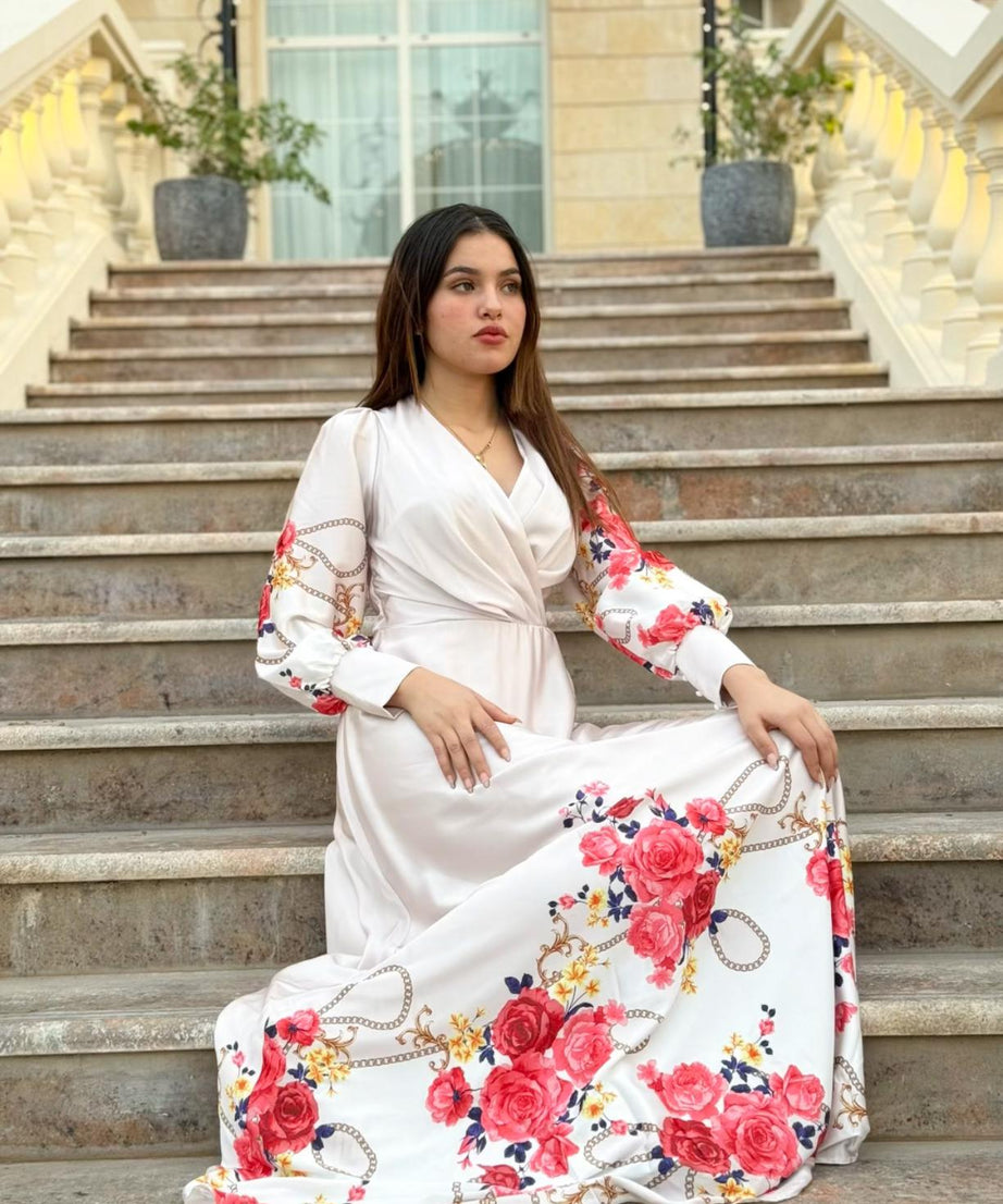 Belted White Long Sleeve Floral Print Dress