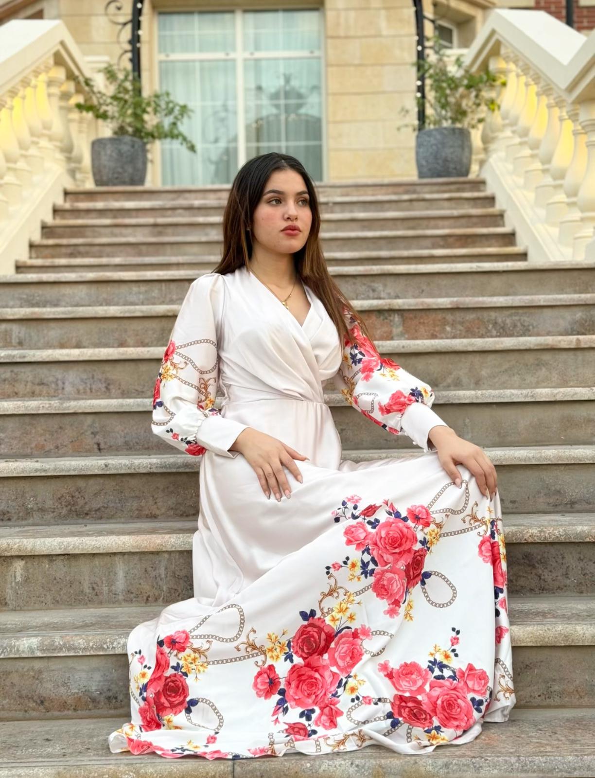 Belted White Long Sleeve Floral Print Dress