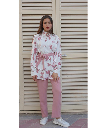 Soft White & Pink Blouse With Pink Pants Set
