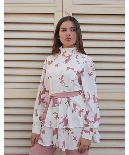 Soft White & Pink Blouse With Pink Pants Set