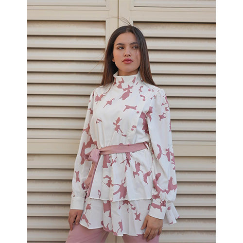 Soft White & Pink Blouse With Pink Pants Set