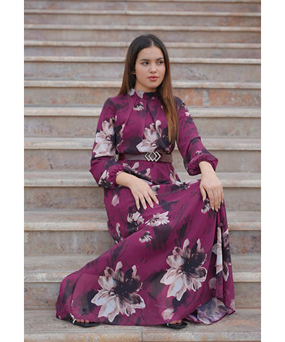 Burgundy-Floral Print Maxi Dress