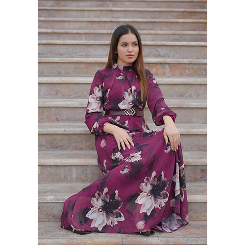 Burgundy-Floral Print Maxi Dress
