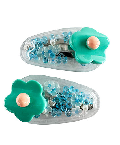 Transparent PVC Hair Clip Decorated with a Rose and Glitter inside (2 pieces)