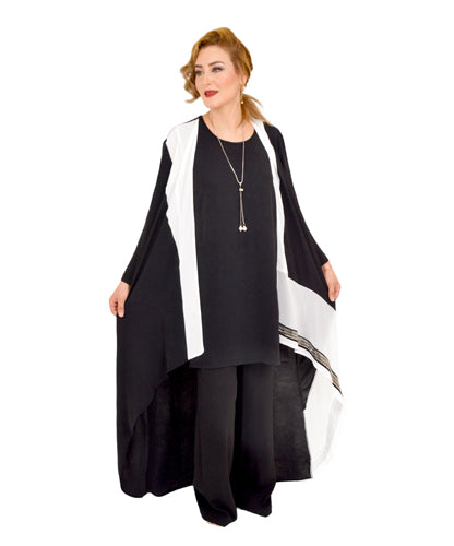Black And White Edges Abaya Set With Necklace
