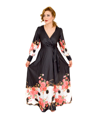 Belted Long Sleeve Floral Print Dress