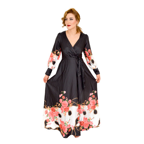 Belted Long Sleeve Floral Print Dress