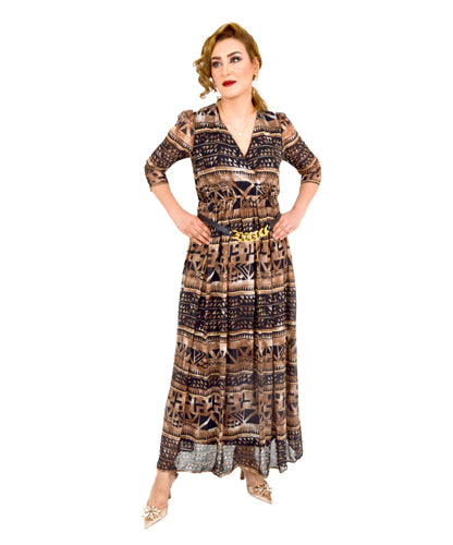 Brown & Black Print Maxi Dress With Gold Belt