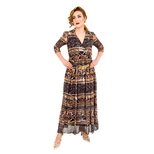Brown & Black Print Maxi Dress With Gold Belt