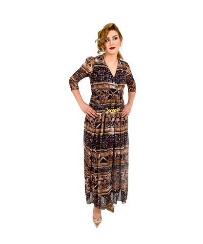 Brown & Black Print Maxi Dress With Gold Belt Brown & Black Print Maxi Dress With Gold Belt