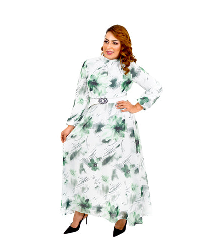 White With Green Floral Print Maxi Self Belted Dress