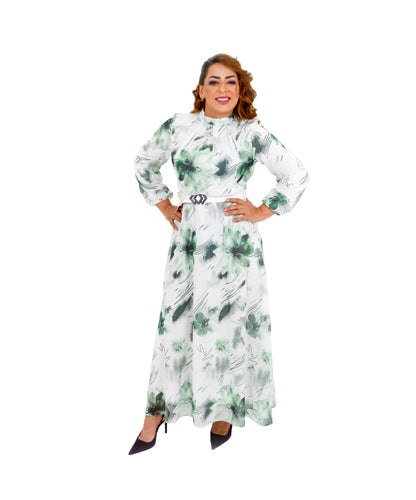 White With Green Floral Print Maxi Self Belted Dress